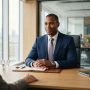 Confident male candidate in executive job interview speaking with hiring panel.