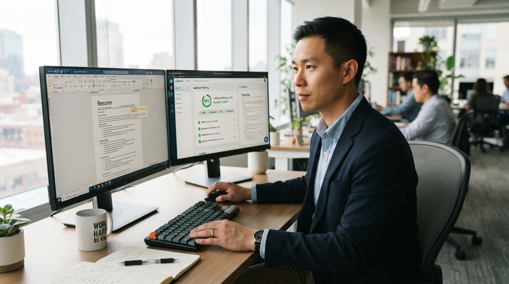 A man reviewing resume keyword formatting on a dual monitor in his office.