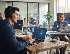 Male student on laptop connected digitally to male mentor smiling background.