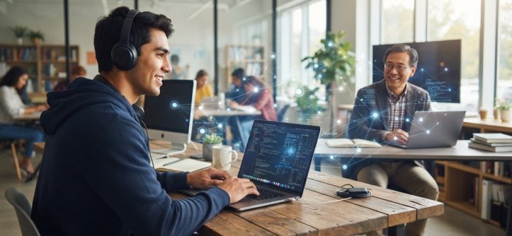 Male student on laptop connected digitally to male mentor smiling background.